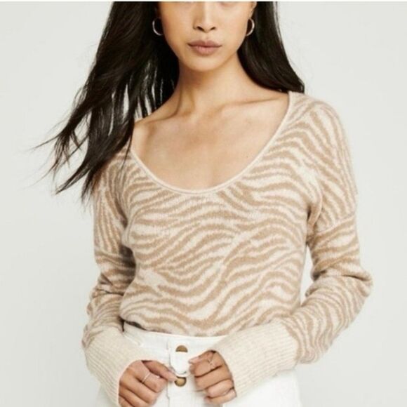 Abercrombie & Fitch Scoop Neck Zebra Print Sweater, Camel & Cream Cozy Knit Sz M - Picture 1 of 10